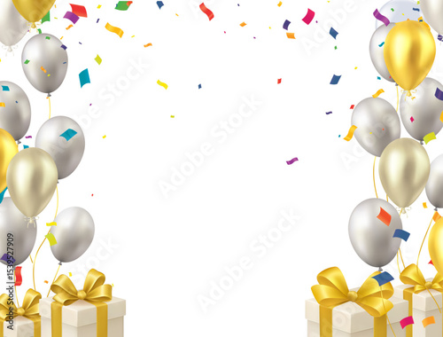 Anniversary and birthday celebration party illustration with shiny gold and silver balloons on white background with text and gift box.