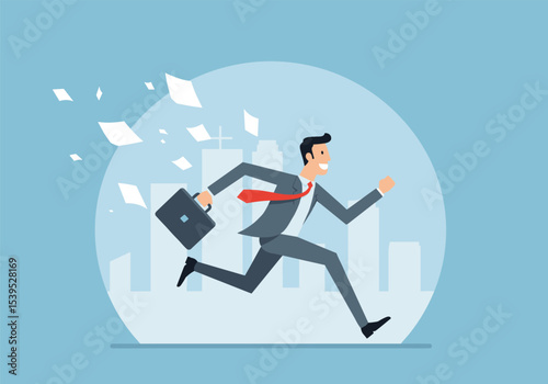 Businessman running late, city background, holding briefcase, paper flying, deadline pressure, office stress, corporate rush, fast career, urban hurry, urgent meeting, morning commute