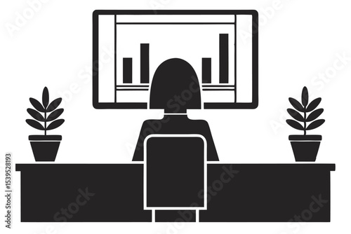 Office workstation depicting data analysis with bar graphs and two plants illustration