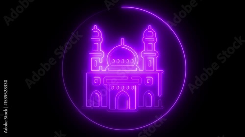 Glowing neon mosque pink icon animation black background 4k video motion