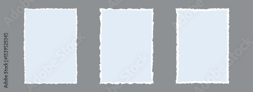 Torn paper frame backgrounds. Light blue blank sheet wallpapers with jagged edges. Ripped grunge element bundle for poster, text box, banner, collage, sticker. Vector rectangle craft backdrops