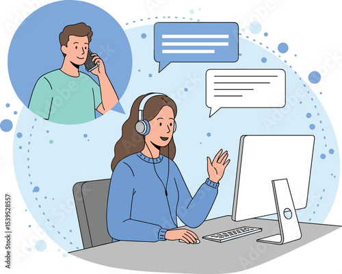 Customer service support, call center agent, online communication, woman with headset, virtual assistant, technical help, chatting online, remote conversation, computer operator, client service, talki