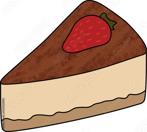 A delicious slice of tiramisu cake in a cute flat cartoon style