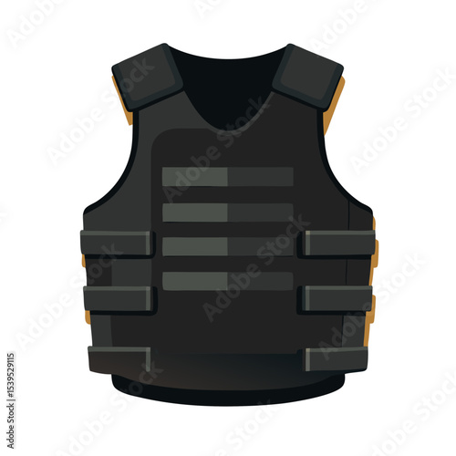 A tactical bulletproof vest or body armor in dark gray/black color with multiple protective plates, straps, and attachment points for equipment storage.