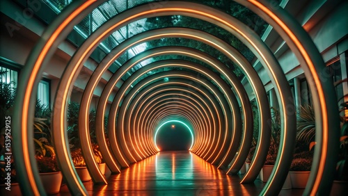 Futuristic glowing sci-fi tunnel with orange and blue lights in a circular perspective showcasing modern technology and digital concepts.