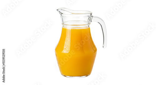 A refreshing and bright clear glass pitcher is filled with fresh orange juice on display now.