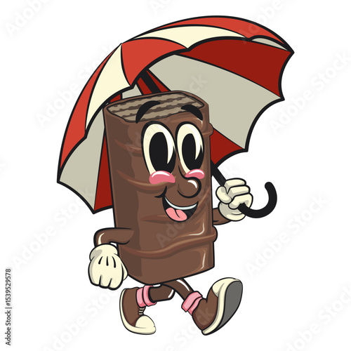 chocolate wafer cartoon mascot walking with an umbrella, high-resolution isolated vector snack character illustration, perfect for dessert branding, or educational materials, work of hand drawn