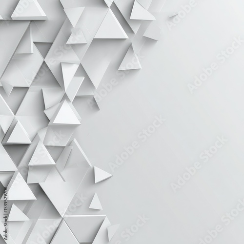 Abstract composition featuring a dense cluster of white, three-dimensional triangles gradually dispersing to the right, leaving a plain white space