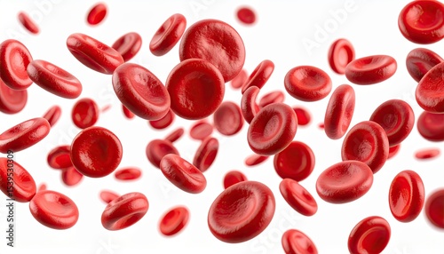 Flowing red blood cells isolated on solid white background