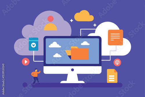 Colorful digital marketing concept illustration of a computer screen and cloud services