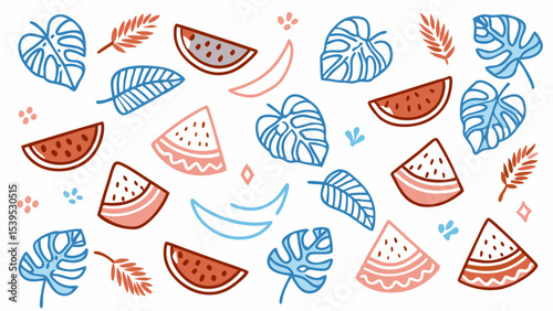 A whimsical and relaxed beach scene, featuring a variety of summer elements like a surfboard, palm tree, beach ball, sunglasses, and umbrella Summer Icons  and Summer Accessories