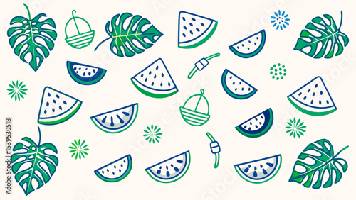 A whimsical and relaxed beach scene, featuring a variety of summer elements like a surfboard, palm tree, beach ball, sunglasses, and umbrella Summer Icons  and Summer Accessories