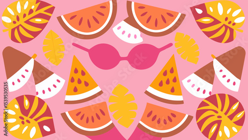 A whimsical and relaxed beach scene, featuring a variety of summer elements like a surfboard, palm tree, beach ball, sunglasses, and umbrella Summer Icons  and Summer Accessories