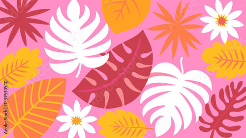 A whimsical and relaxed beach scene, featuring a variety of summer elements like a surfboard, palm tree, beach ball, sunglasses, and umbrella Summer Icons  and Summer Accessories