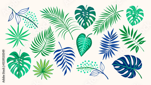 A whimsical and relaxed beach scene, featuring a variety of summer elements like a surfboard, palm tree, beach ball, sunglasses, and umbrella Summer Icons  and Summer Accessories