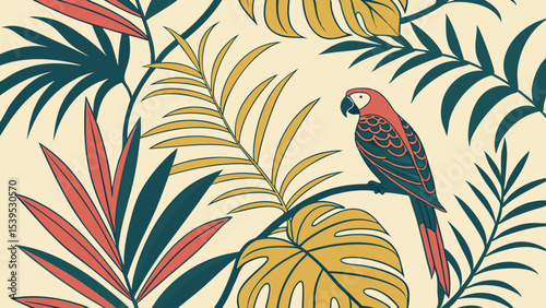 A whimsical and relaxed beach scene, featuring a variety of summer elements like a surfboard, palm tree, beach ball, sunglasses, and umbrella Summer Icons  and Summer Accessories