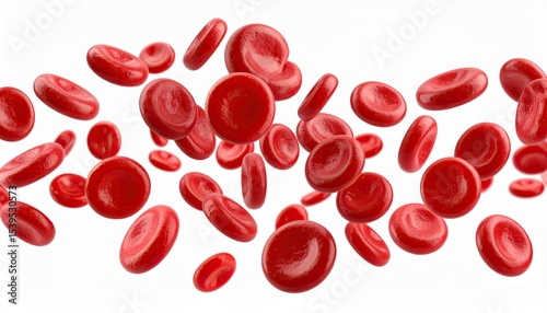 Flowing red blood cells isolated on solid white background