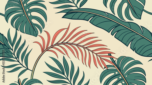 A whimsical and relaxed beach scene, featuring a variety of summer elements like a surfboard, palm tree, beach ball, sunglasses, and umbrella Summer Icons  and Summer Accessories