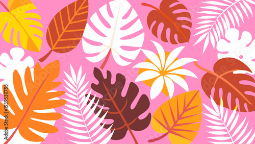 A whimsical and relaxed beach scene, featuring a variety of summer elements like a surfboard, palm tree, beach ball, sunglasses, and umbrella Summer Icons  and Summer Accessories