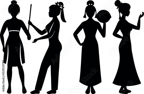 Silhouettes of four Asian women in traditional dress in black and white