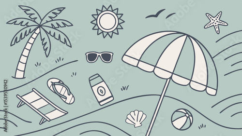 A whimsical and relaxed beach scene, featuring a variety of summer elements like a surfboard, palm tree, beach ball, sunglasses, and umbrella Summer Icons  and Summer Accessories