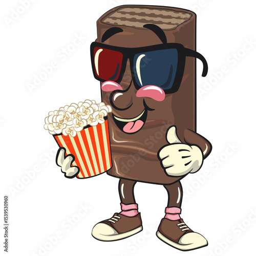 chocolate wafer cartoon mascot with a bucket of popcorn with wearing 3d glasses, high-resolution isolated vector snack character illustration, perfect for dessert branding, work of hand drawn