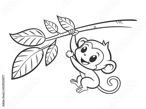 Cute little monkey with a banana. Black and white vector illustration for coloring book