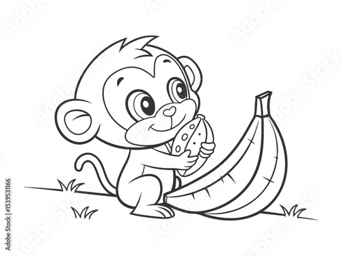 Cute little monkey with a banana. Black and white vector illustration for coloring book