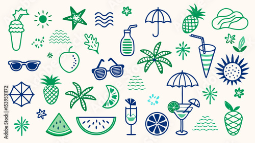 A whimsical and relaxed beach scene, featuring a variety of summer elements like a surfboard, palm tree, beach ball, sunglasses, and umbrella Summer Icons  and Summer Accessories