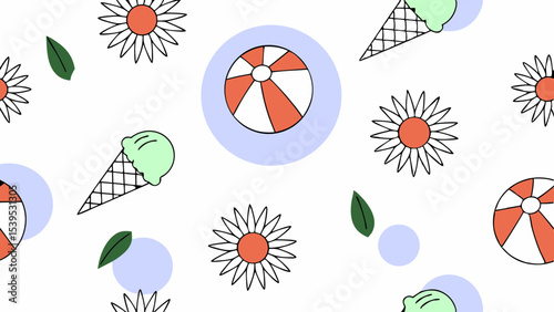 A whimsical and relaxed beach scene, featuring a variety of summer elements like a surfboard, palm tree, beach ball, sunglasses, and umbrella Summer Icons  and Summer Accessories