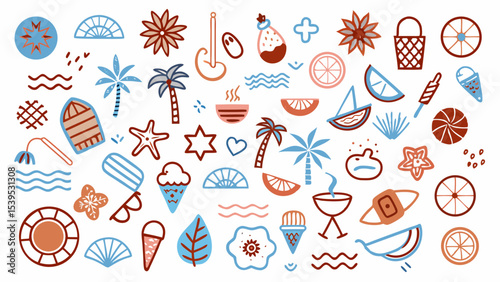 A whimsical and relaxed beach scene, featuring a variety of summer elements like a surfboard, palm tree, beach ball, sunglasses, and umbrella Summer Icons  and Summer Accessories