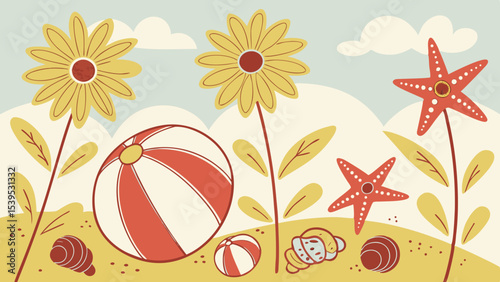 A whimsical and relaxed beach scene, featuring a variety of summer elements like a surfboard, palm tree, beach ball, sunglasses, and umbrella Summer Icons  and Summer Accessories