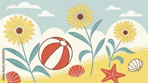 A whimsical and relaxed beach scene, featuring a variety of summer elements like a surfboard, palm tree, beach ball, sunglasses, and umbrella Summer Icons  and Summer Accessories