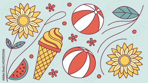 A whimsical and relaxed beach scene, featuring a variety of summer elements like a surfboard, palm tree, beach ball, sunglasses, and umbrella Summer Icons  and Summer Accessories