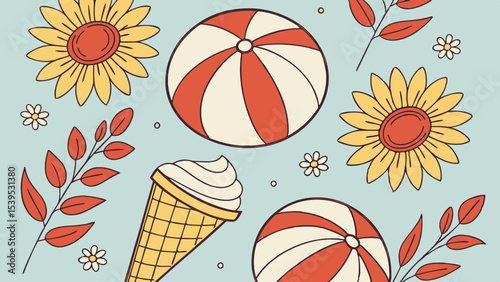 A whimsical and relaxed beach scene, featuring a variety of summer elements like a surfboard, palm tree, beach ball, sunglasses, and umbrella Summer Icons  and Summer Accessories