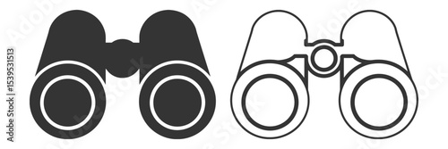 Binocular flat and line icons set featuring exploration, discovery, navigation tools, and optical equipment for travel, tourism, adventure, and nautical themes isolated on transparent background

