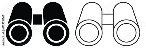 Binocular vector icon pack in flat and outline style for travel, discovery, tourism, and maritime navigation concepts, featuring optical instruments isolated on a transparent background

