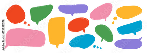 Colored hand drawn speech bubble collection. Doodled dialog box set. Scribbled textured marker comic talk frames. Red, blue, green, pink balloon text box bundle. Bright sketched chat box pack. Vector 