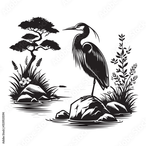 A graceful blue herons perched peacefully on a rock in the middle of the river.