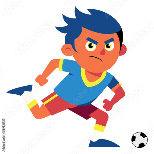 Determined Cartoon Soccer Kid Running Toward Ball Vector icon isolated on white background