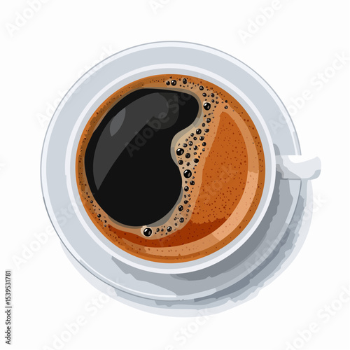 Top view of a hot espresso coffee cup with roasted beans on a saucer, perfect for a morning breakfast break