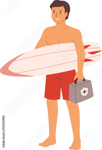 Lifeguard with Medical Kit and Surfboard

