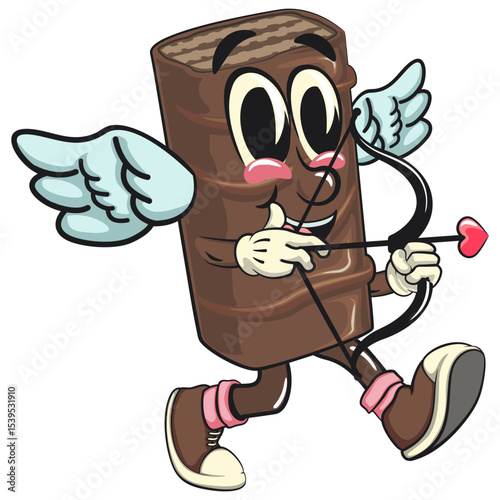chocolate wafer cartoon mascot become a cupid with angel wings and the arrow of love, high-resolution isolated vector snack character illustration, perfect for dessert branding, work of hand drawn