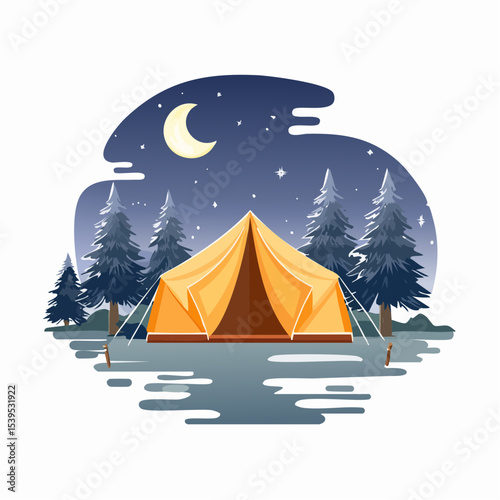 A yellow tent stands in a forest clearing at night, illuminated by the moon and stars.