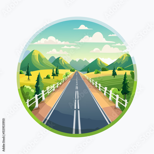 Scenic countryside road stretching towards majestic mountains under a bright sky.