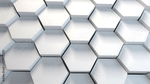 Abstract soft white hexagon tiles creating a layered structure, offset heights and delicate shadows create depth and movement across the wall
