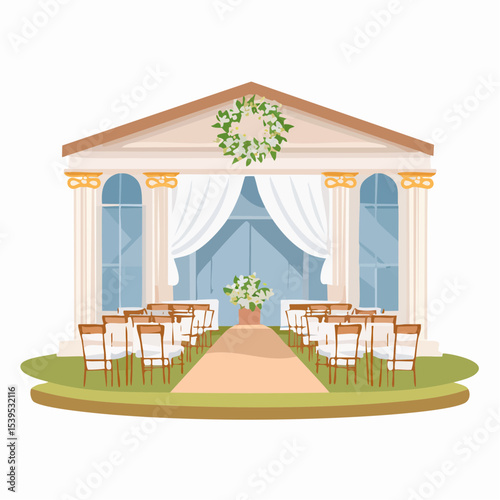 Illustration of a wedding ceremony setup with chairs, floral arrangements, and a classical-style building backdrop.