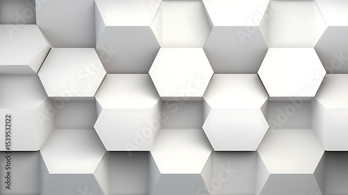 Abstract soft white hexagon tiles creating a layered structure, offset heights and delicate shadows create depth and movement across the wall