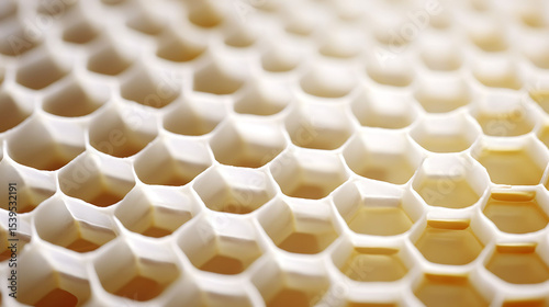 Abstract white honeycomb cells in a clustered arrangement with alternating sizes and realistic camera perspective blur