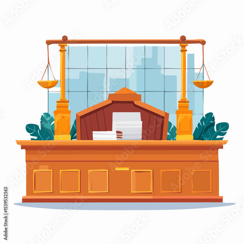 Ornate wooden courtroom desk with scales of justice, city backdrop.